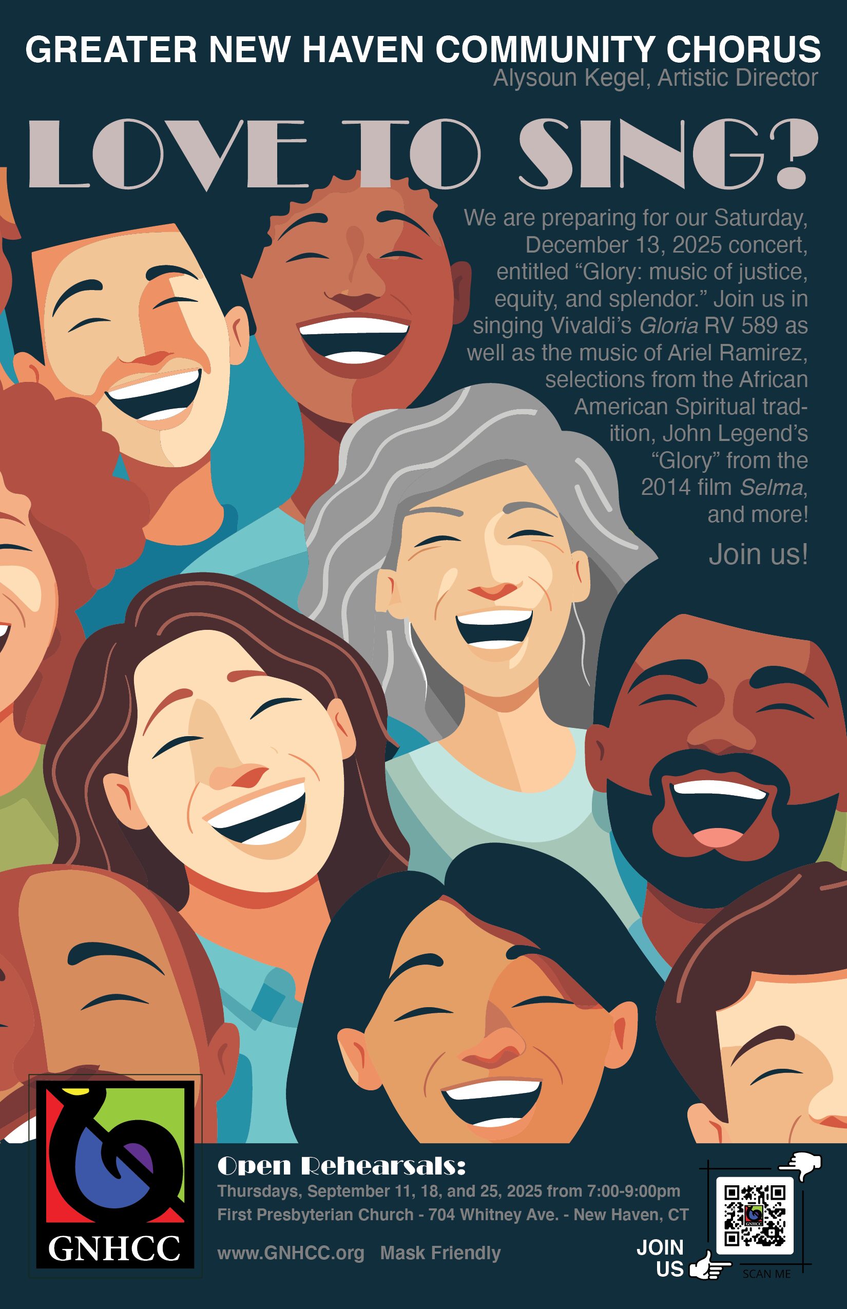 We are preparing for our Saturday, December 13, 2025 concert, entitled “GLORY: music of divine justice and splendor.” Join us in singing Vivaldi’s Gloria RV 589 as well as the music of Ariel Ramirez, selections from the African American spiritual tradition, John Legend’s “Glory” from the 2014 film Selma, and more!